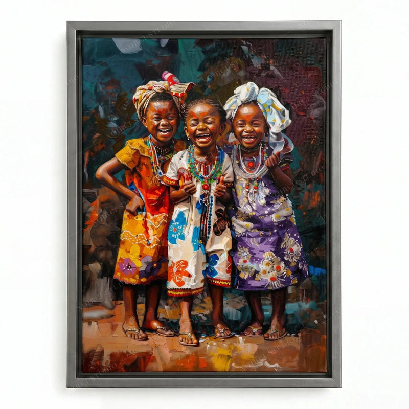 African wall decor in a silver floating frame, three smiling girls in floral dresses against a deep teal backdrop