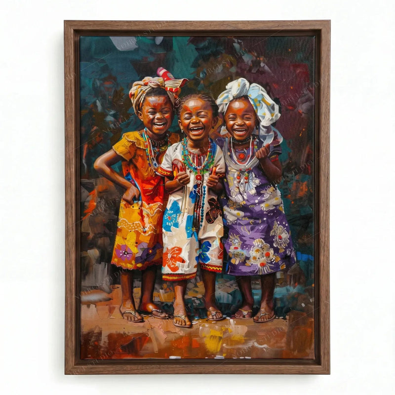 African tribal art in a walnut floating frame, three joyful girls in colorful dresses and headwraps, oil painting
