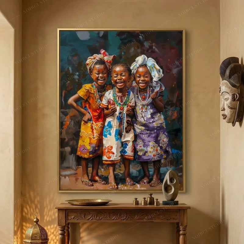 African American art for the wall, joyful girls canvas in a gold frame above a carved console with a wall mask nearby