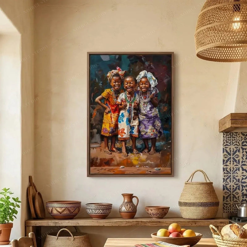 Canvas of three joyful girls in headwraps in a warm kitchen with pottery, jugs and a fruit bowl on wood shelves