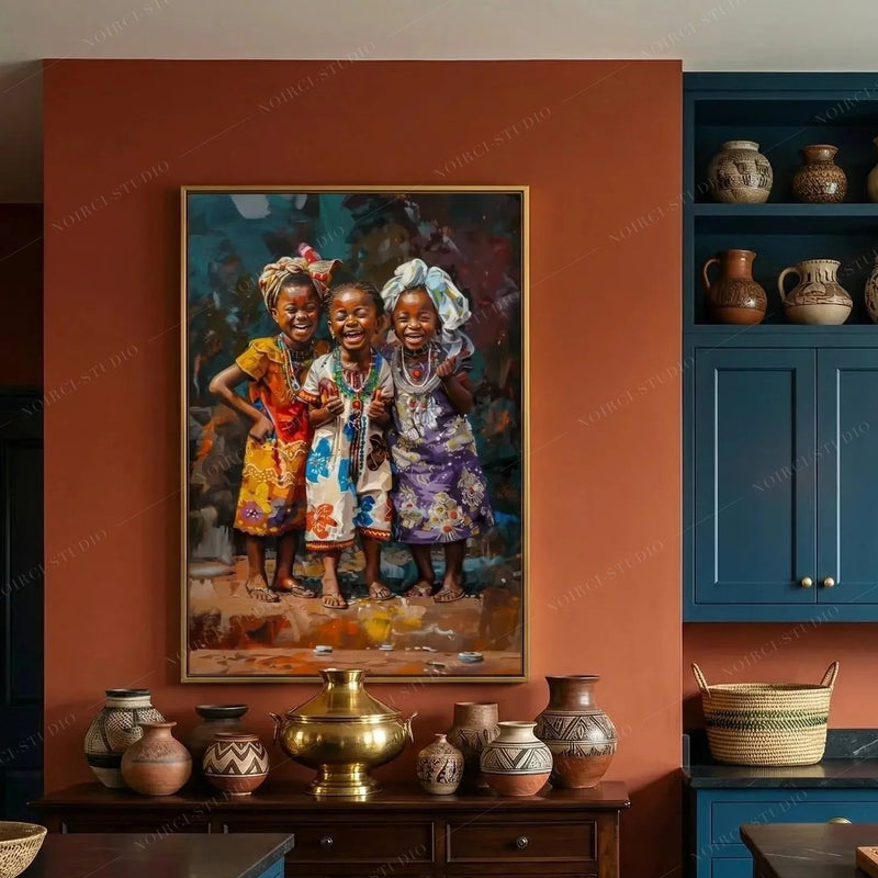 Black kitchen wall art, three girls canvas on a terracotta wall above a brass urn and collected pottery