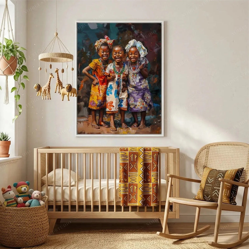 Black art for nursery walls, three girls painting above a wooden crib with a giraffe mobile and rocking chair