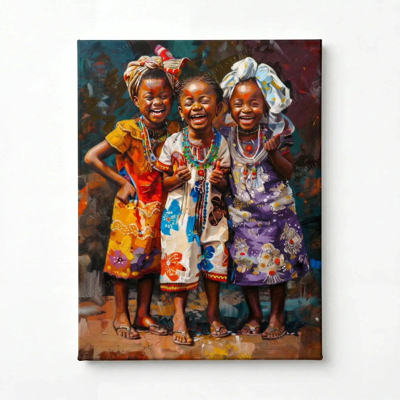 Stretched canvas, ready to hang, three laughing African girls in headwraps and colorful floral dresses