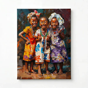 Stretched canvas, ready to hang, three laughing African girls in headwraps and colorful floral dresses