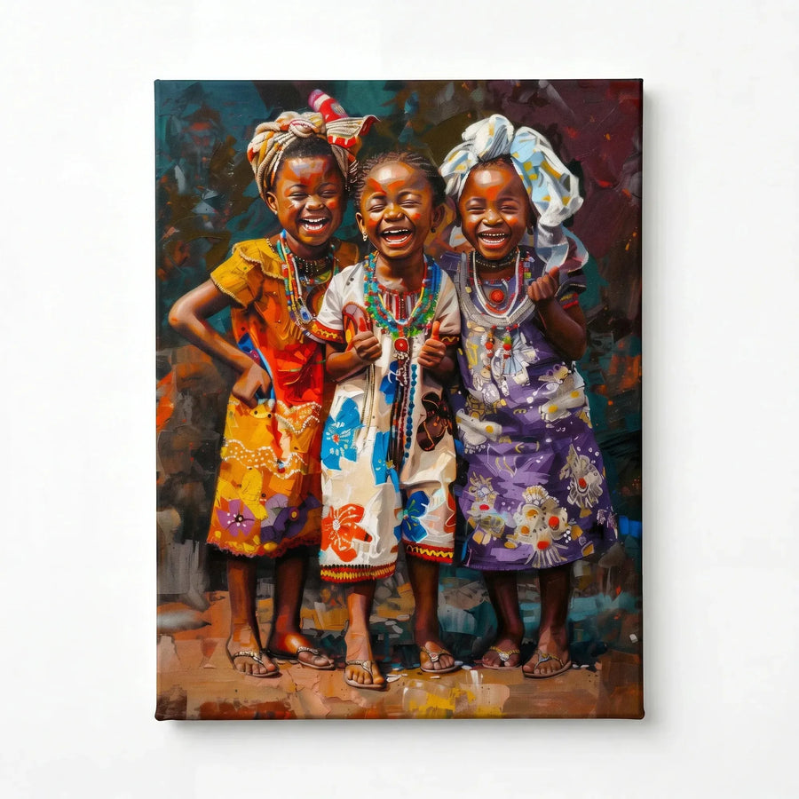 Stretched canvas, ready to hang, three laughing African girls in headwraps and colorful floral dresses