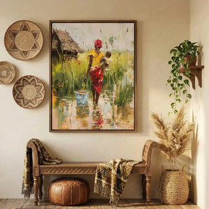 African American art for the wall, mother and child painting above a carved bench with woven baskets and pampas