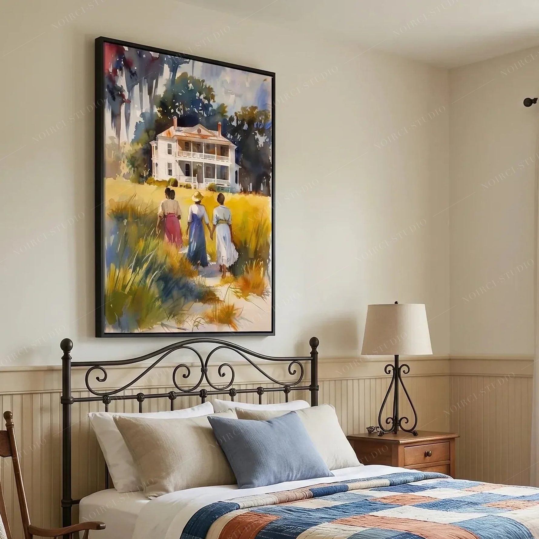 South Carolina Lowcountry art above an iron bed, watercolor of three women walking to a white house