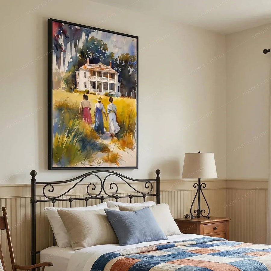 South Carolina Lowcountry art above an iron bed, watercolor of three women walking to a white house