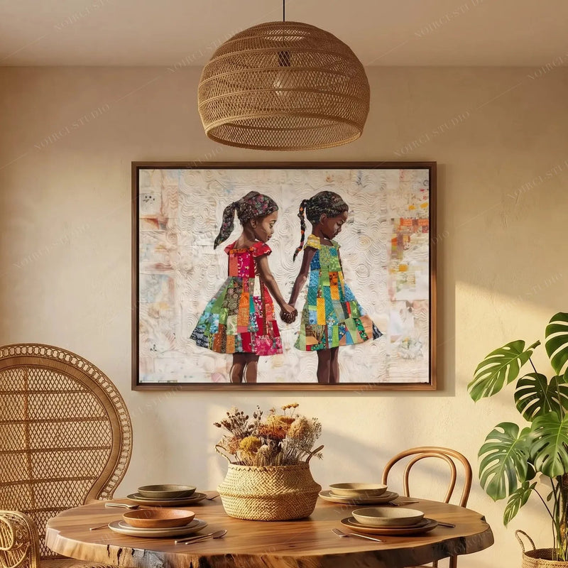 Afro bohemian dining room with a peacock chair and rattan pendant, sisters canvas above a round wood table