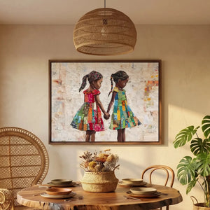 Afro bohemian dining room with a peacock chair and rattan pendant, sisters canvas above a round wood table