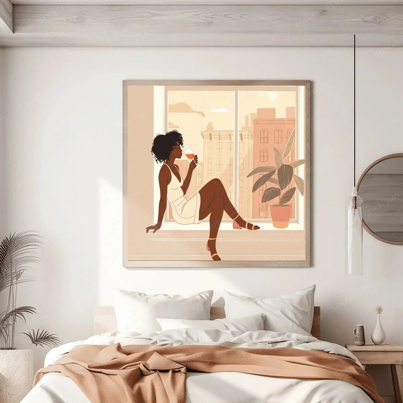 African American art for the bedroom, wine at the window canvas above white bedding with a terracotta throw