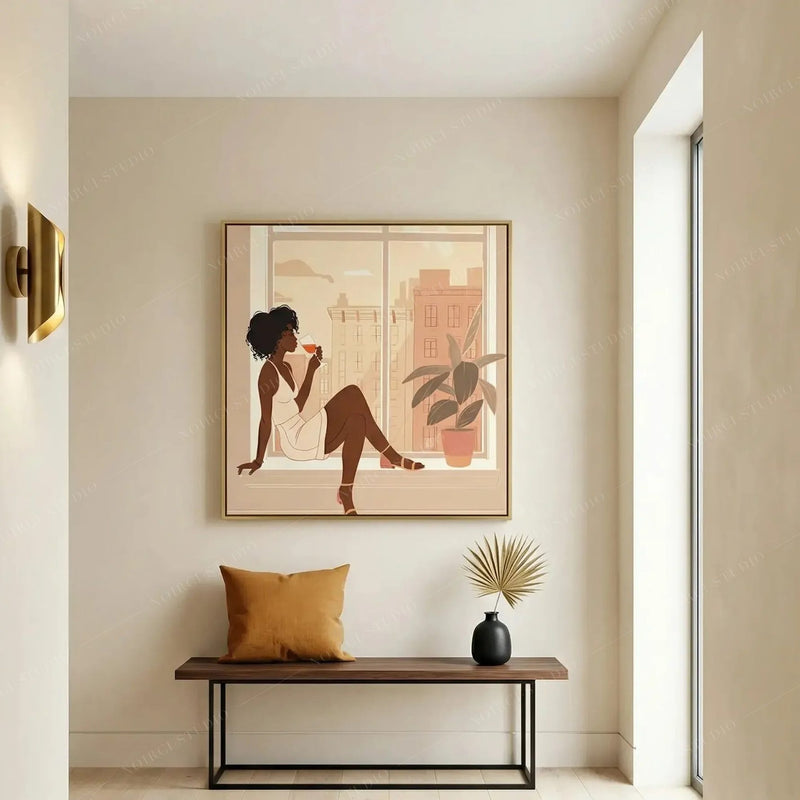 Black art for an entryway, wine at the window print above a walnut bench with a mustard pillow and brass sconce