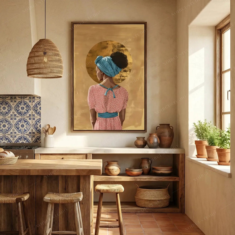 Black kitchen wall art in a Mediterranean kitchen with blue tile and woven pendant, teal headwrap woman with gold halo