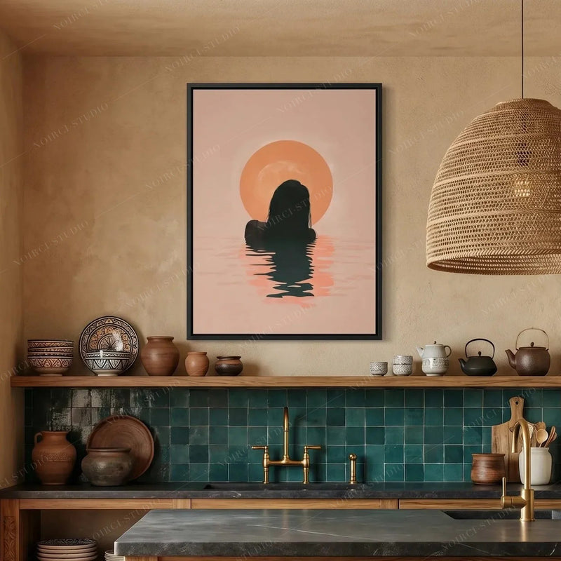 Black kitchen wall art, sunrise swim print above a shelf of clay pots and teal zellige tile with a brass faucet