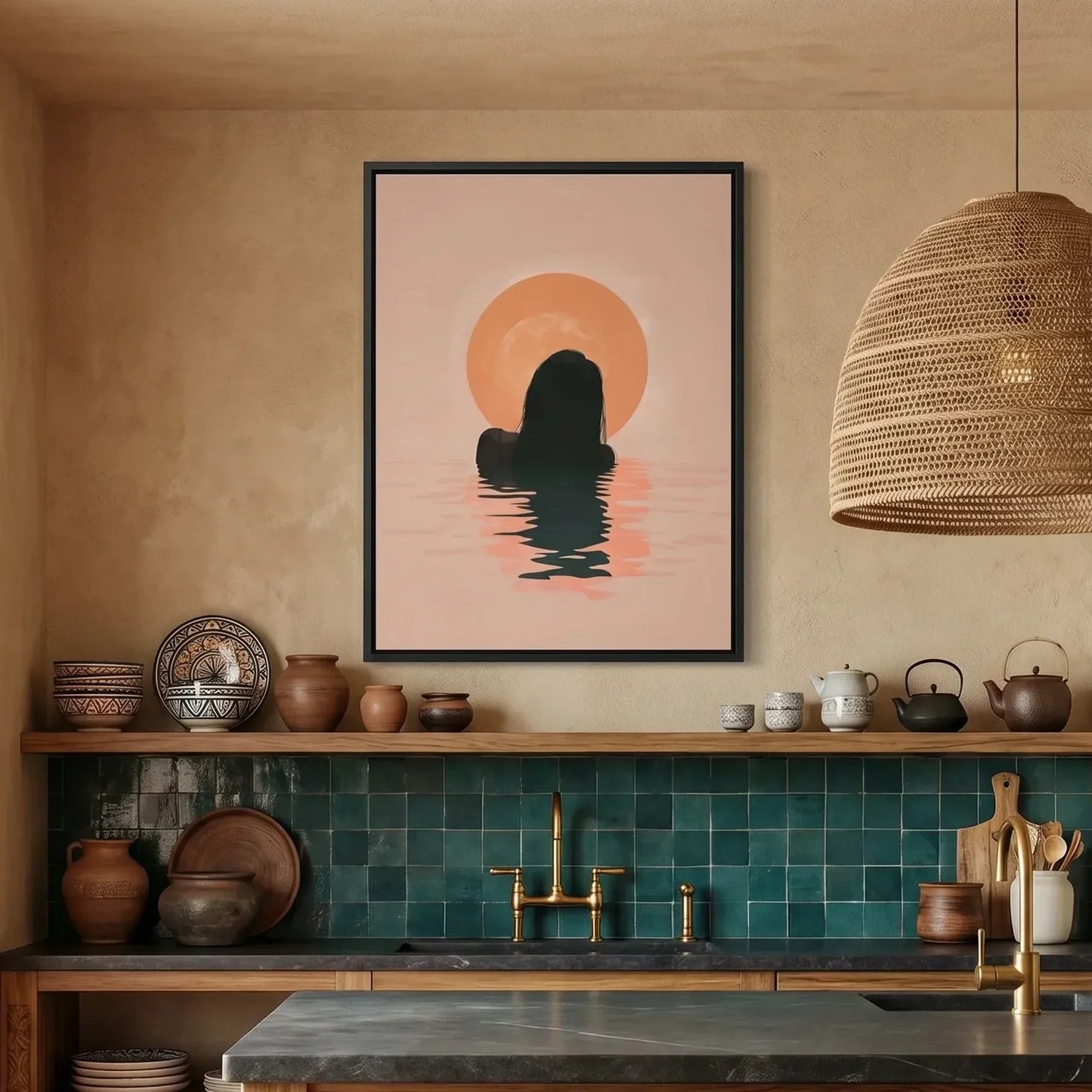 Black kitchen wall art, sunrise swim print above a shelf of clay pots and teal zellige tile with a brass faucet