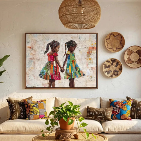 Afrohemian decor in a boho living room, quilt art of two Black girls holding hands above a cream sofa and mudcloth pillows