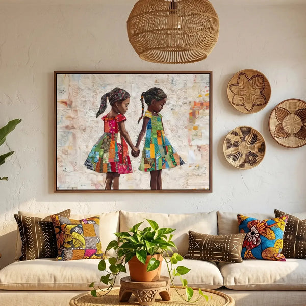 Afrohemian decor in a boho living room, quilt art of two Black girls holding hands above a cream sofa and mudcloth pillows