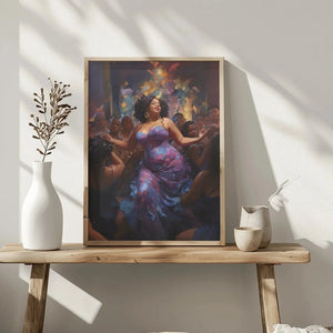 Melanin dancer art in a wood frame styled on a rustic bench with white vases and dried botanicals
