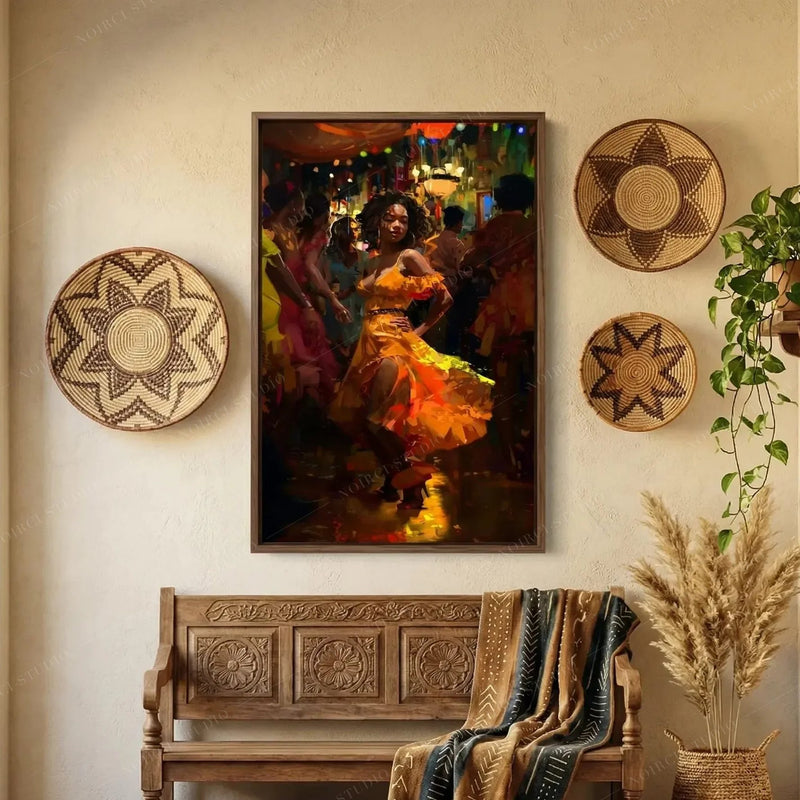 Salsa dancer painting in a walnut frame between woven basket wall plates above a carved wood bench