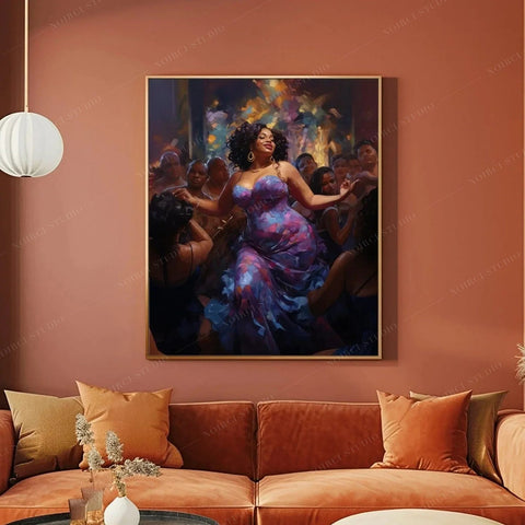 Black wall art of a curvy woman dancing in purple above a rust velvet sofa in a warm terracotta living room