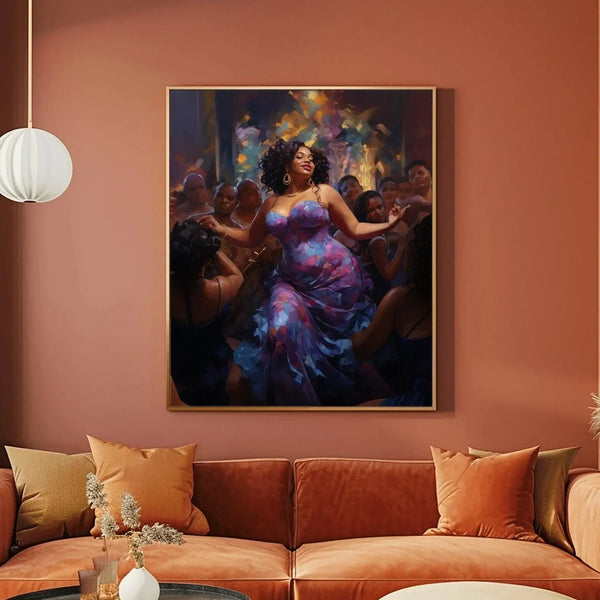 Black wall art of a curvy woman dancing in purple above a rust velvet sofa in a warm terracotta living room