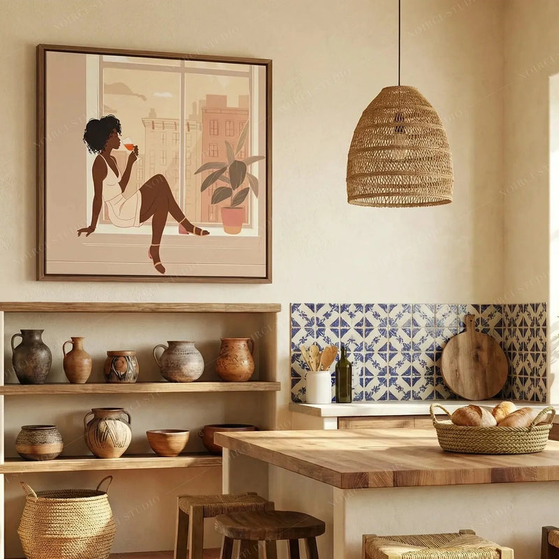 Black kitchen wall art, woman sipping wine print above open shelves of pottery and blue Mediterranean tile
