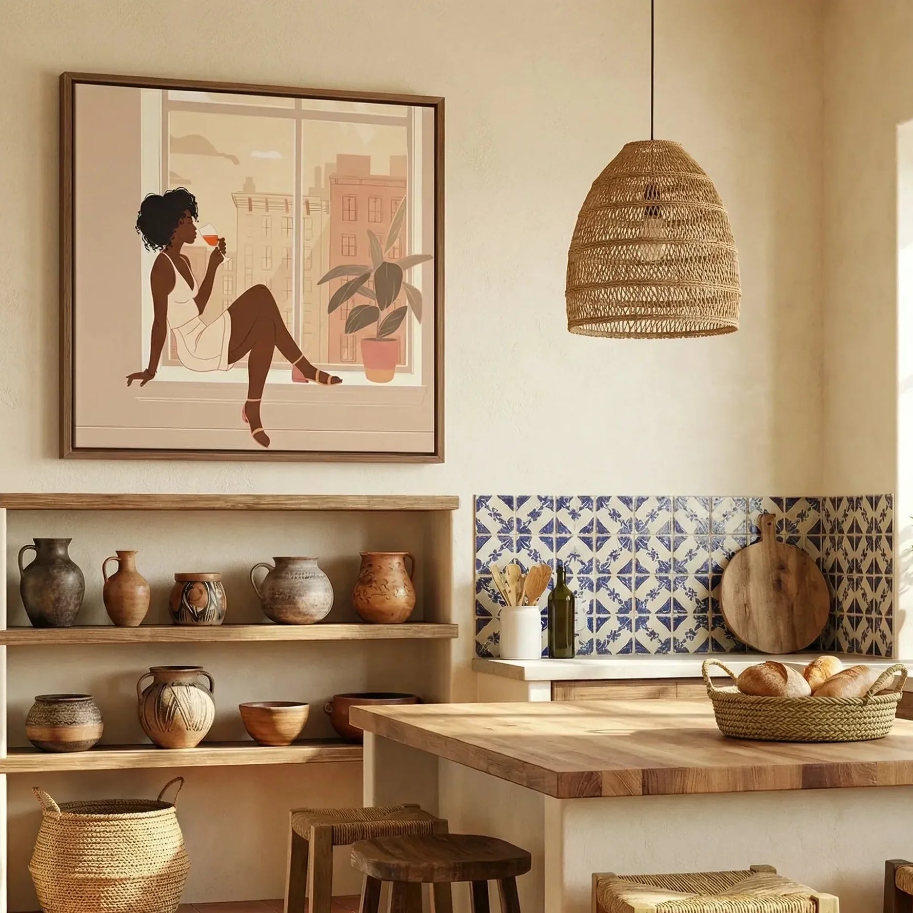 Black kitchen wall art, woman sipping wine print above open shelves of pottery and blue Mediterranean tile