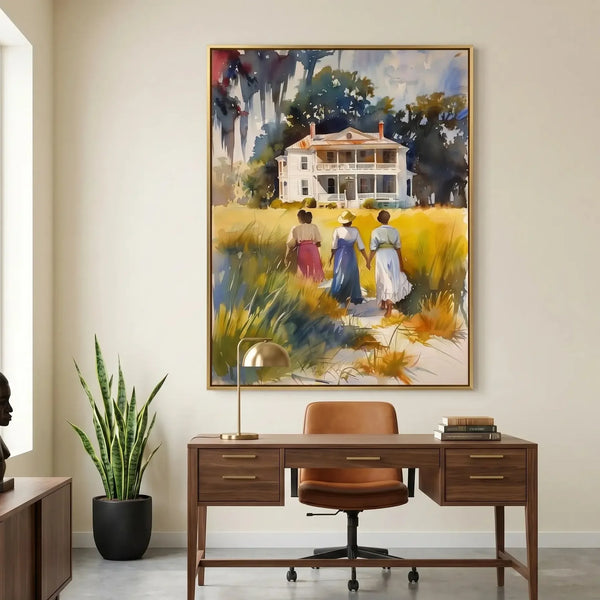 Gullah Geechee art in a home office, watercolor of three Black women holding hands in a Lowcountry sweetgrass field