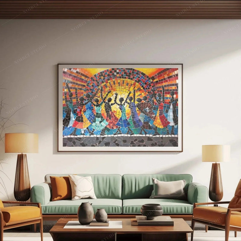 African art for living room, mosaic dancers canvas above a sage green sofa with amber armchairs, mid-century style