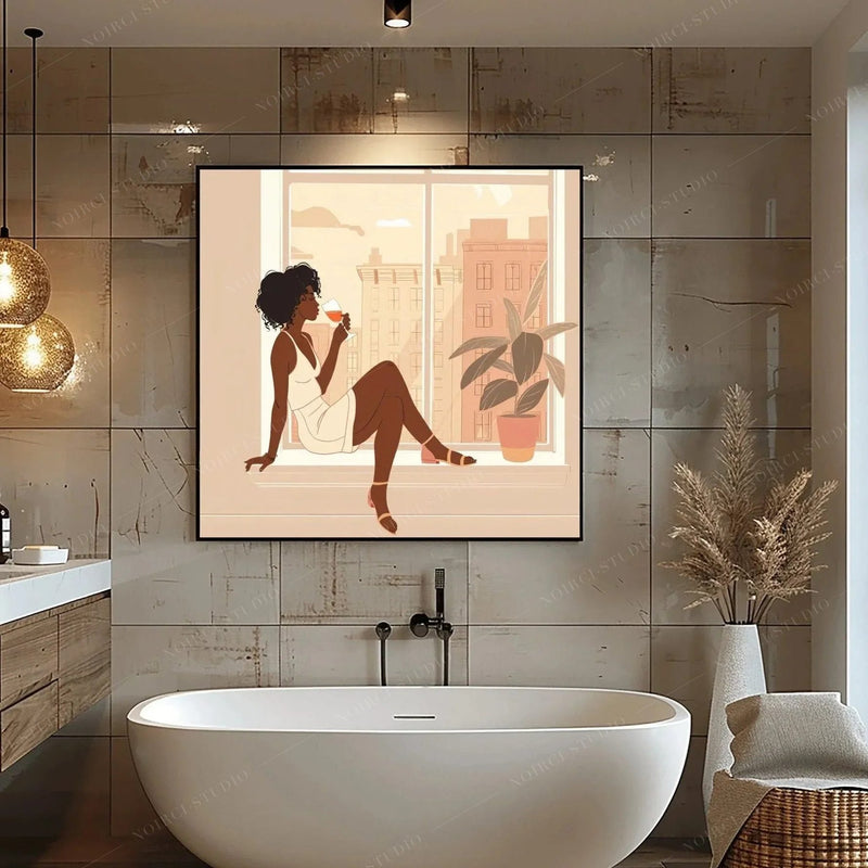 Black bathroom wall art, city wine scene above a freestanding tub with amber glass pendants and pampas grass