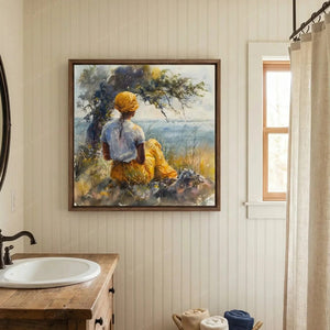 Black bathroom wall art, woman by the sea watercolor above a wood vanity with a white basin