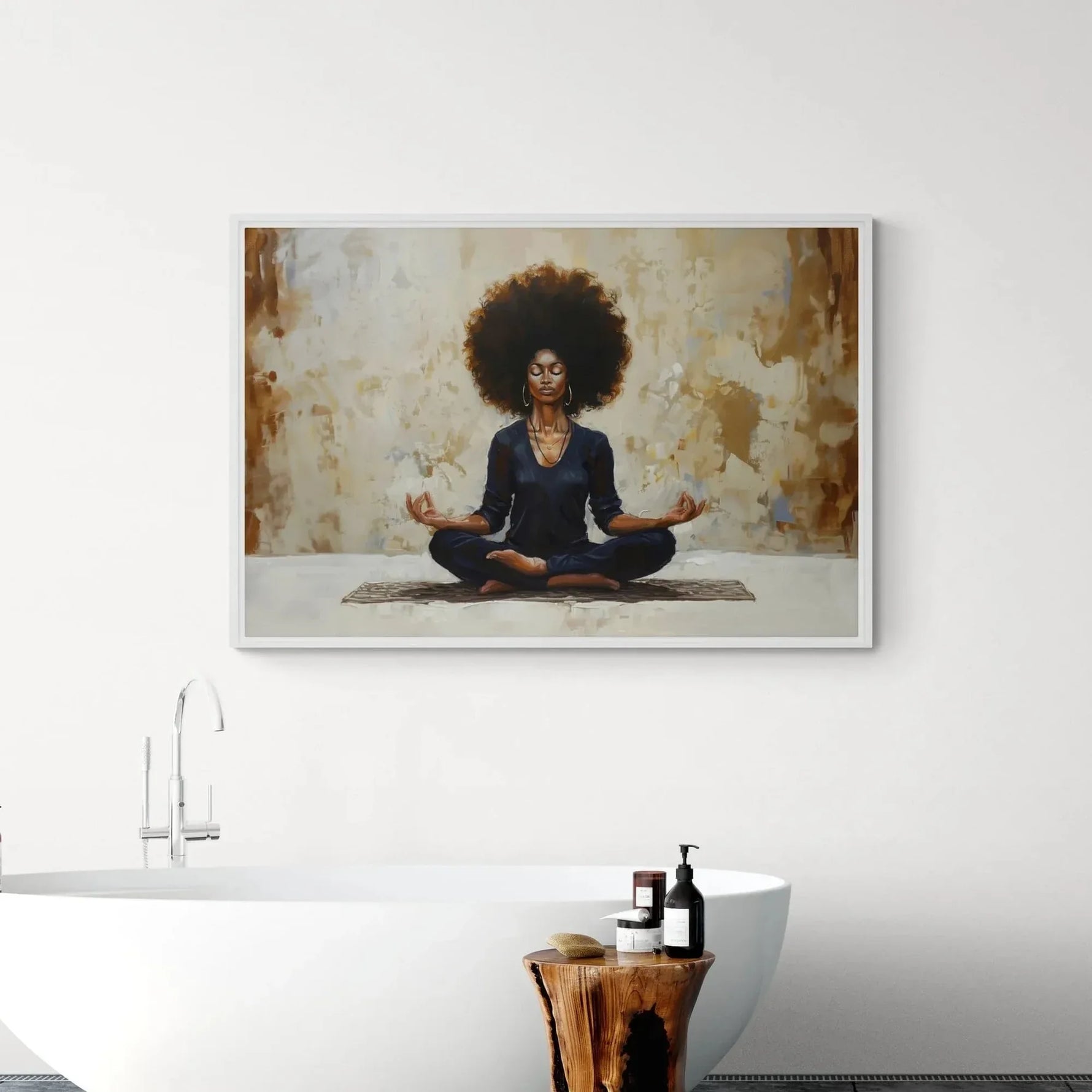 Black bathroom wall art, lotus meditation painting in a white frame behind a freestanding tub