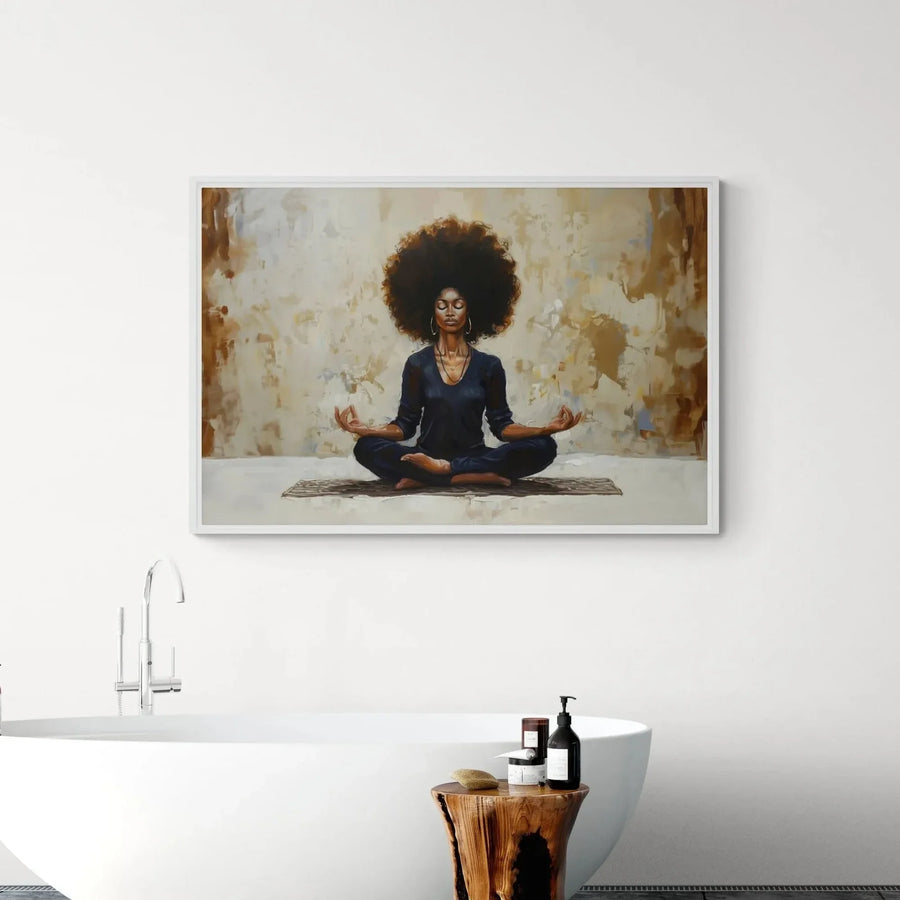 Black bathroom wall art, lotus meditation painting in a white frame behind a freestanding tub