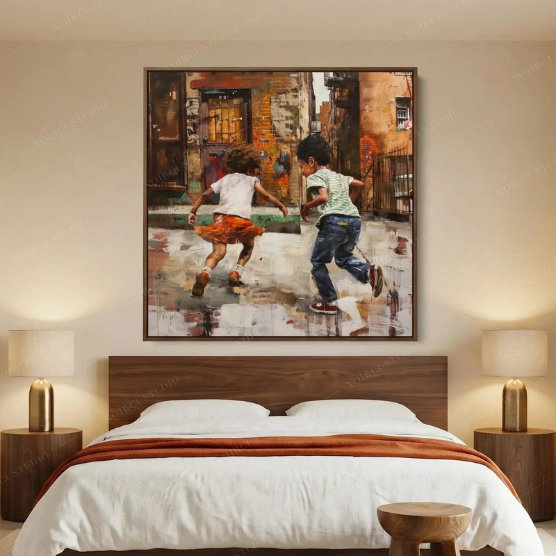 African American art for the bedroom, children running in the rain above a walnut platform bed with brass lamps