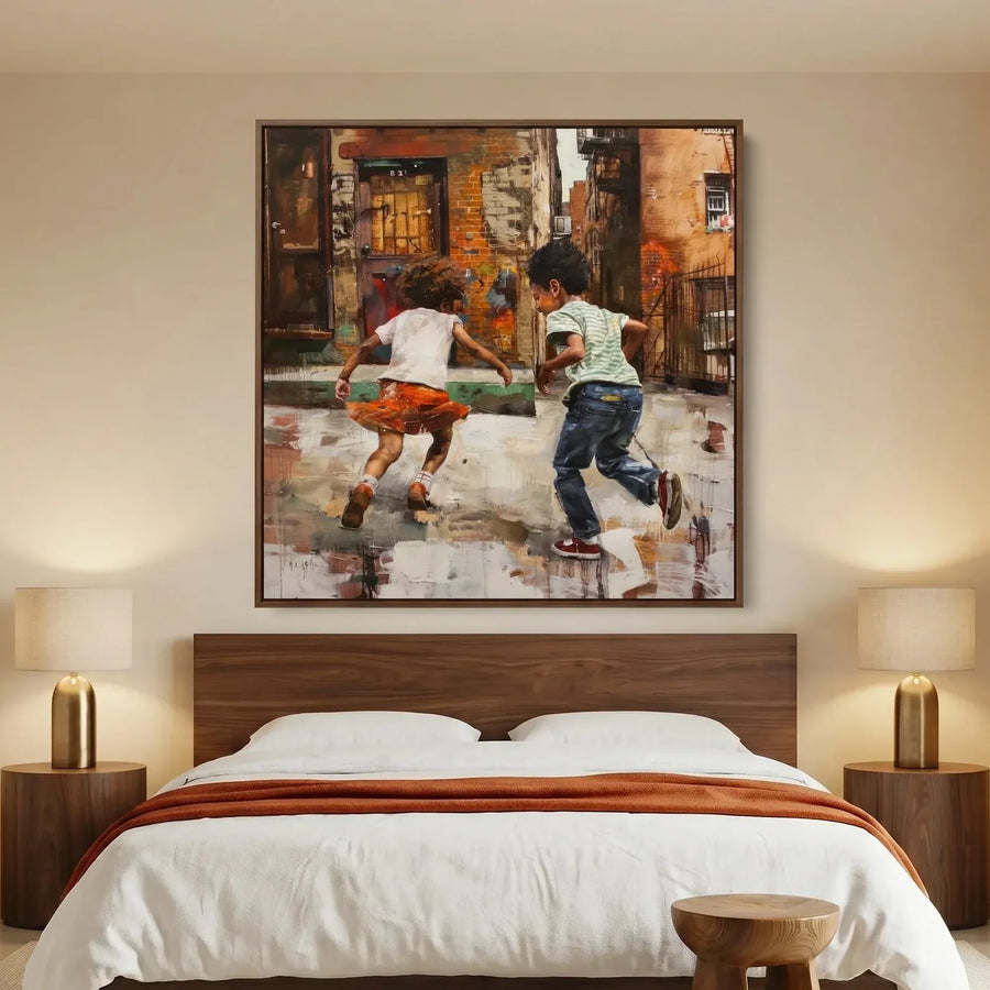 African American art for the bedroom, children running in the rain above a walnut platform bed with brass lamps