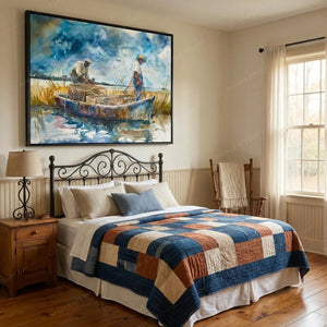 Black art for the bedroom, crabbing watercolor above an iron bed with a patchwork quilt
