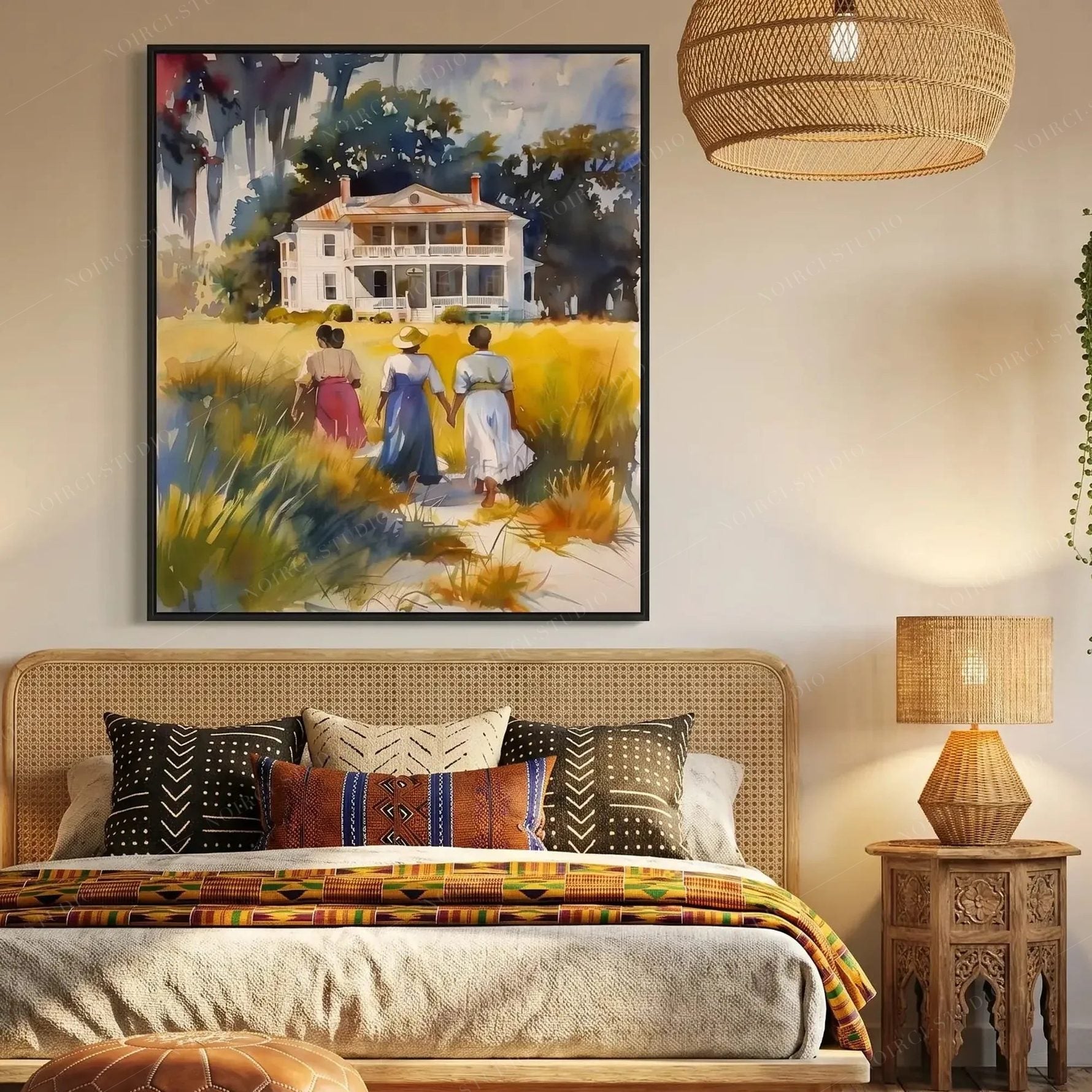 Black southern art in a boho bedroom, sweetgrass field watercolor above a cane headboard and mudcloth pillows