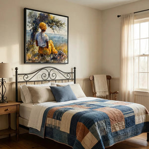 Black art for the bedroom, woman under a tree watercolor above an iron bed with a patchwork quilt