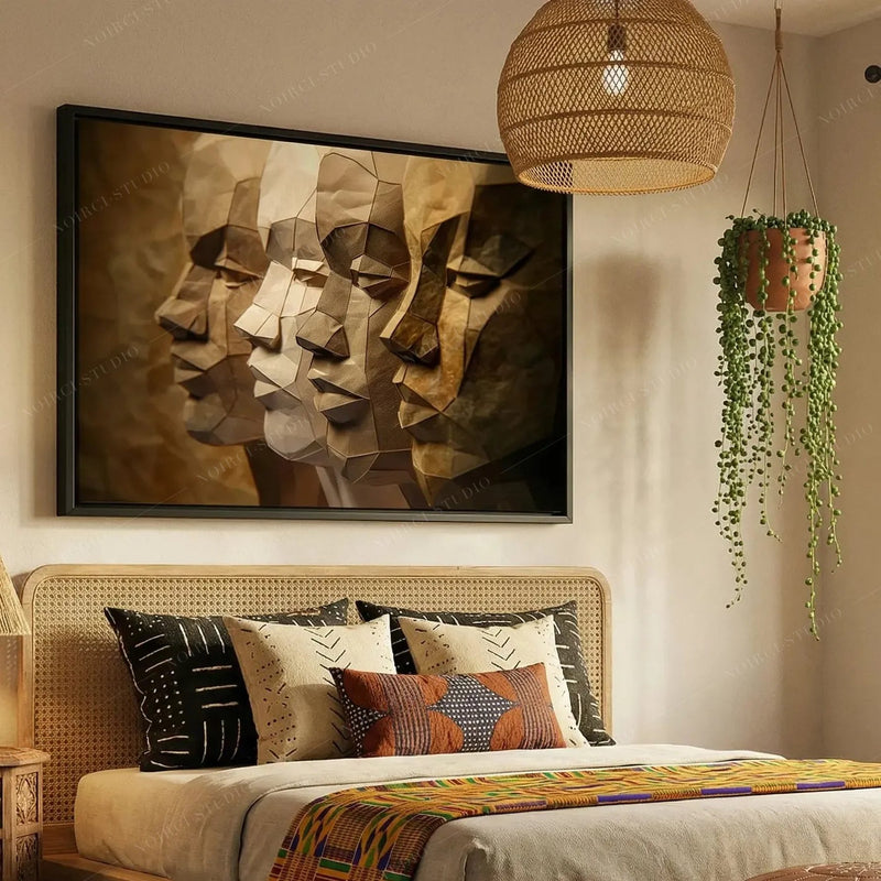 Boho bedroom with a cane headboard and kente runner, sepia paper-craft profiles of Black men in a black frame