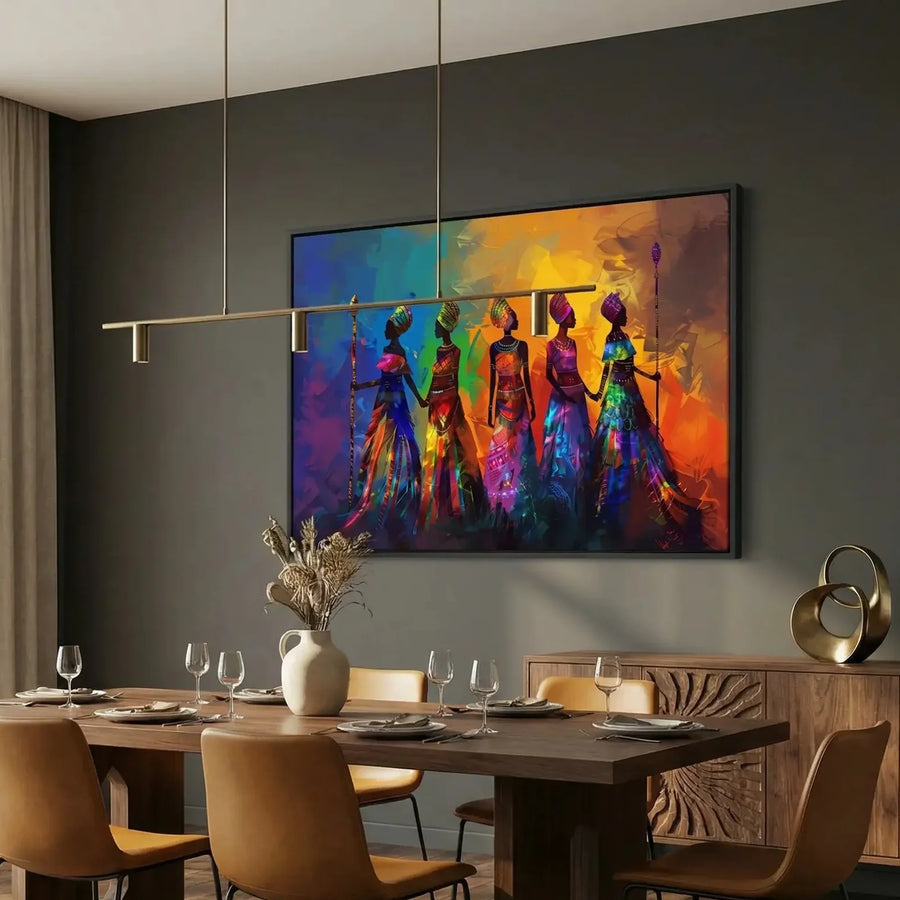Black framed African women painting in a modern dining room with walnut table and cognac leather chairs