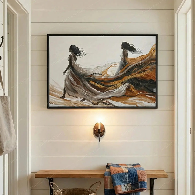 Black farmhouse wall decor in a shiplap mudroom, flowing gowns canvas above a bench with a patchwork quilt
