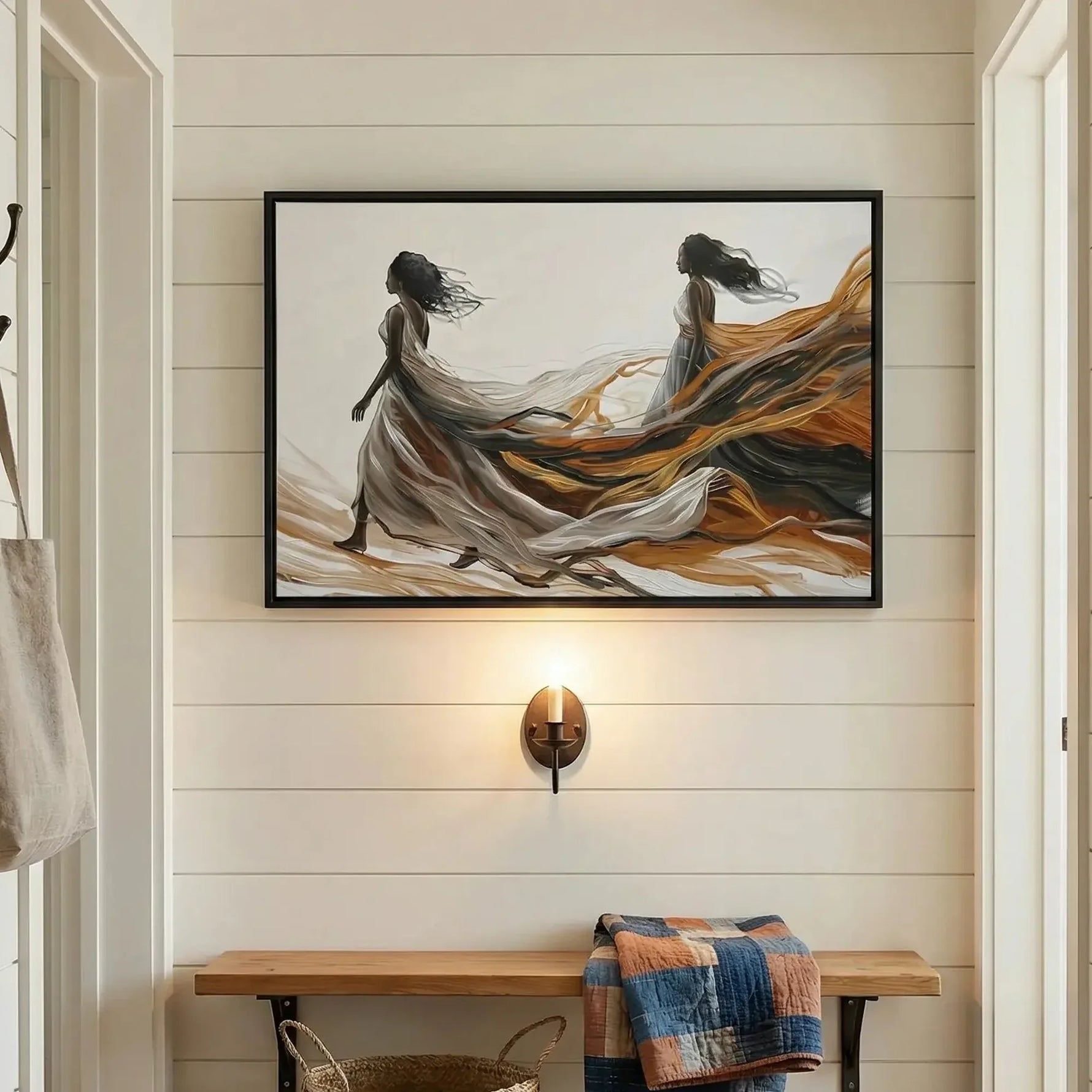Black farmhouse wall decor in a shiplap mudroom, flowing gowns canvas above a bench with a patchwork quilt