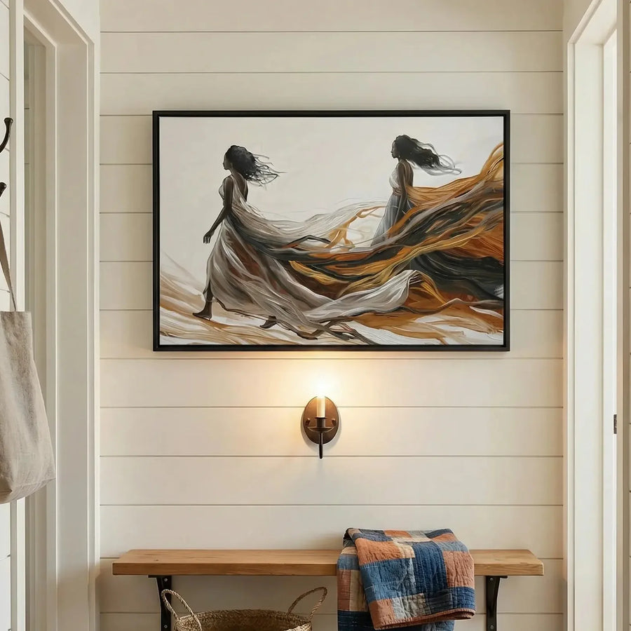 Black farmhouse wall decor in a shiplap mudroom, flowing gowns canvas above a bench with a patchwork quilt