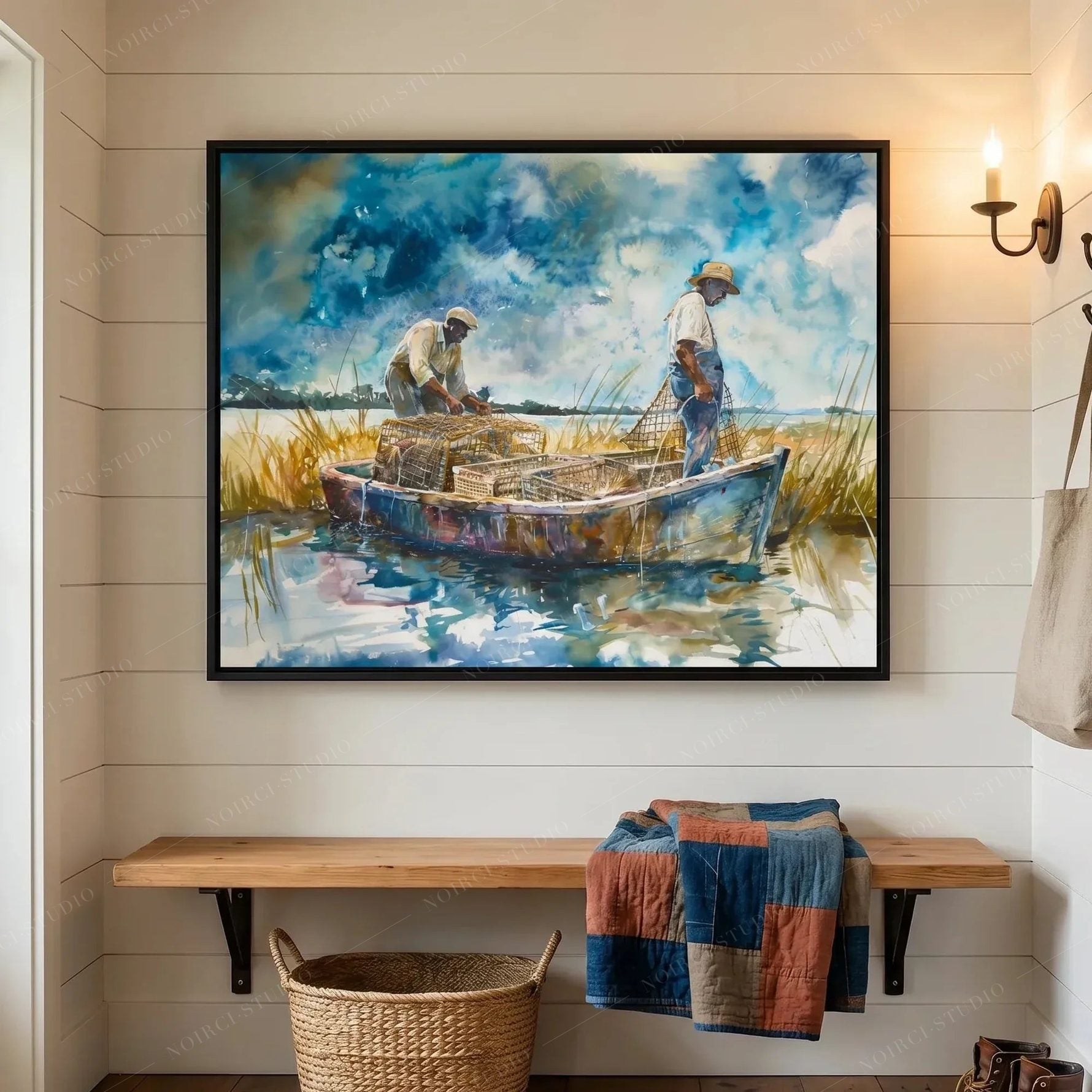 Lowcountry wall art in a shiplap entryway, crab boat scene above a wood bench with quilts and a woven basket