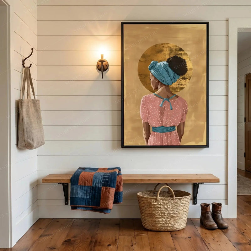Black farmhouse wall decor in a shiplap entryway with wood bench, quilt and woven basket, teal headwrap halo art