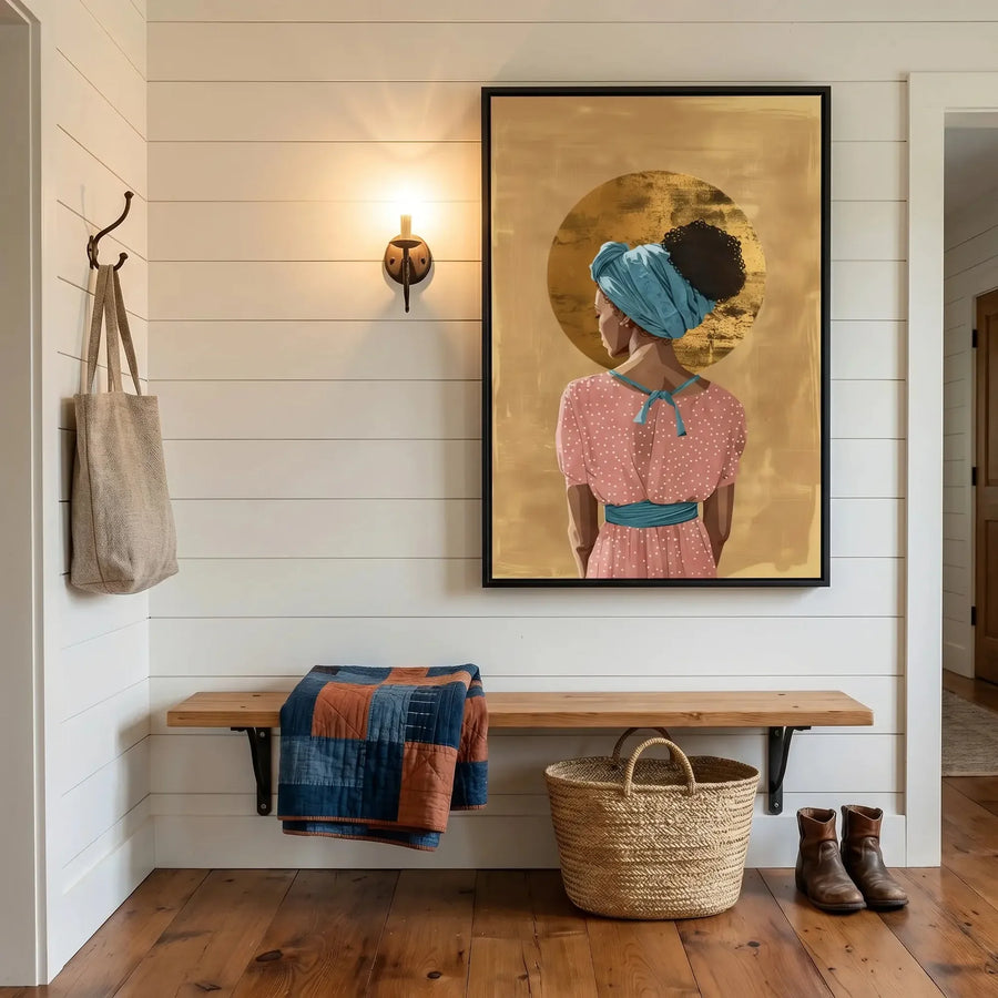 Black farmhouse wall decor in a shiplap entryway with wood bench, quilt and woven basket, teal headwrap halo art