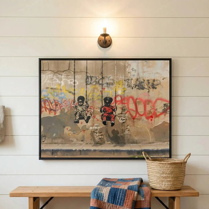 Black farmhouse wall decor, black-framed street art above a wood bench with a plaid quilt on shiplap walls