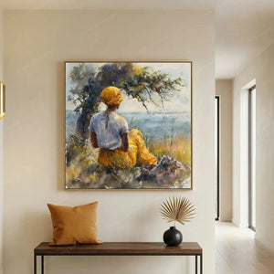 African American art for the entryway, seaside watercolor above a console bench with a mustard pillow and dried palm