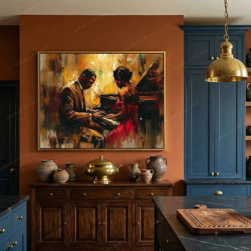 Black kitchen wall art, couple at a grand piano on a terracotta wall above a walnut sideboard with brass