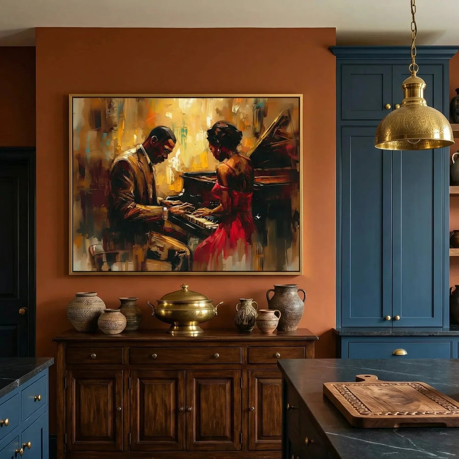 Black kitchen wall art, couple at a grand piano on a terracotta wall above a walnut sideboard with brass
